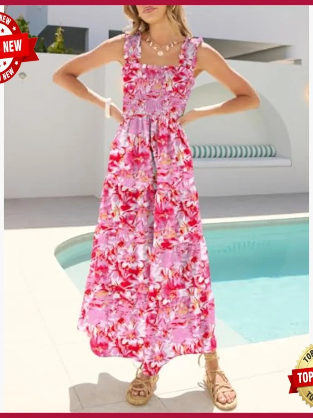 Sleeveless Maxi Dress Smocked Bodice Tiered A-Line Flowy Summer Beach - Picture 4 of 7